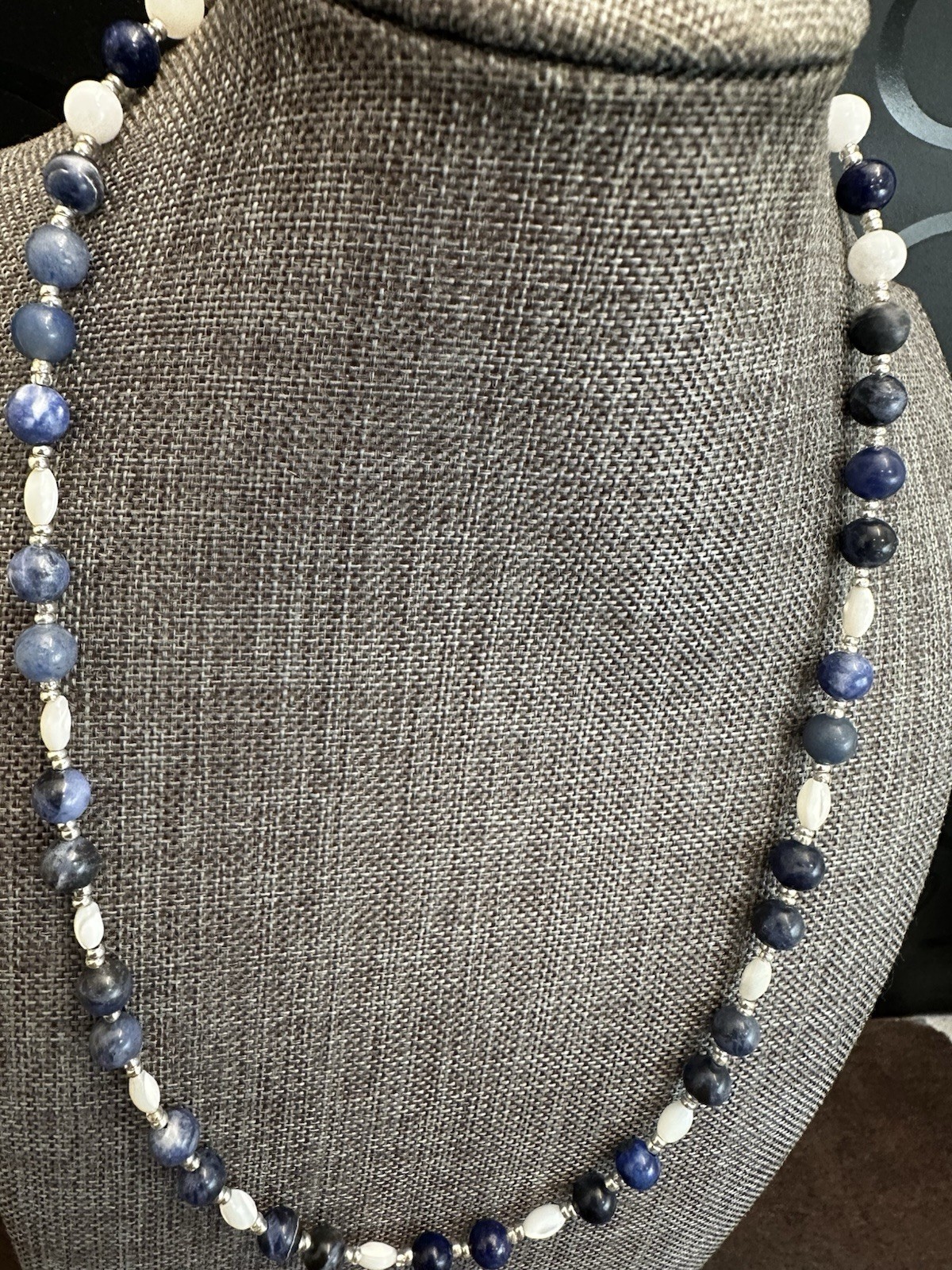 Blue Sodalite and White Mother Of Pearl Beaded Women’s Necklace