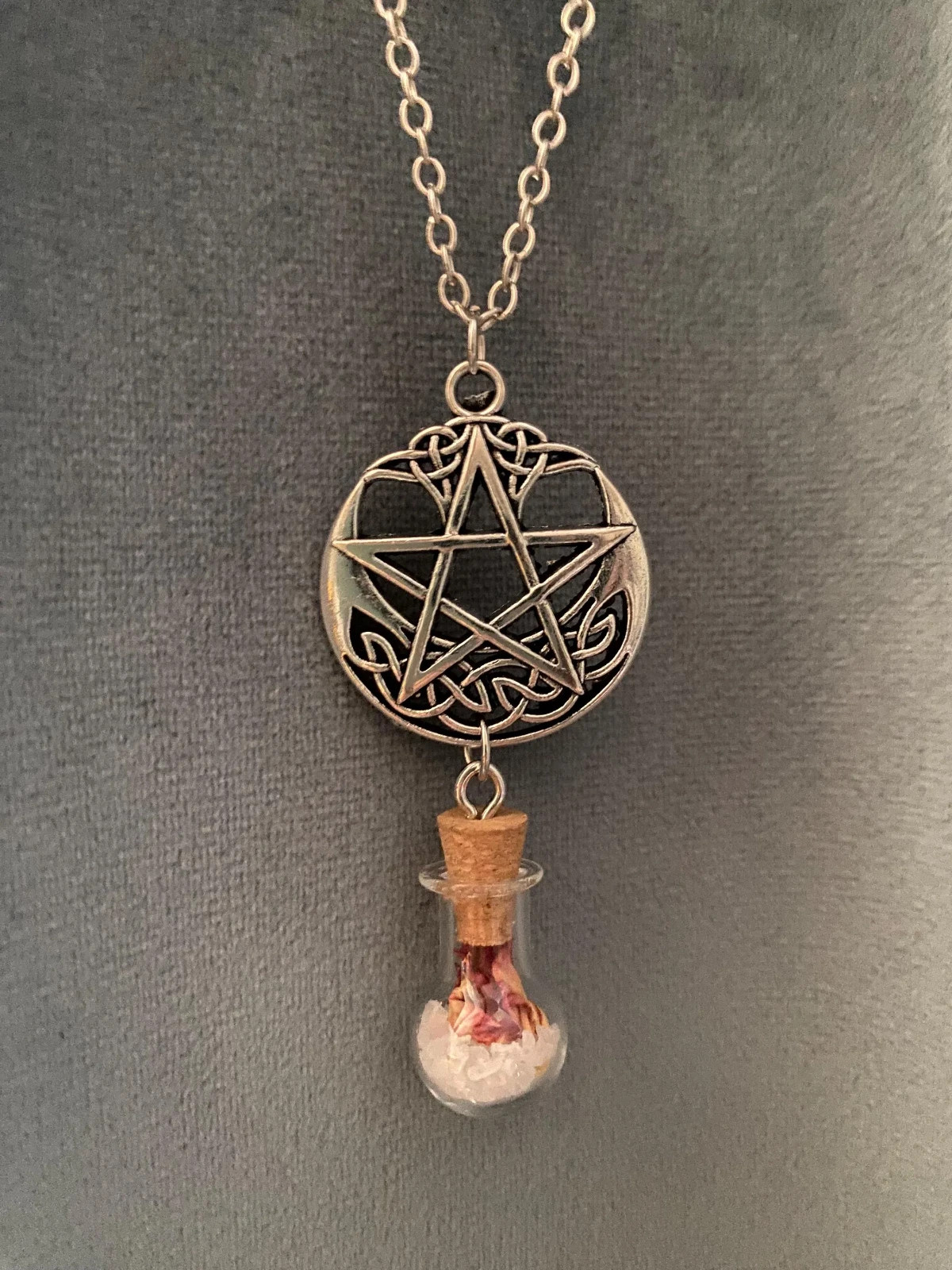 Pentacle Necklace Vial of Salt and Carnation Petals Love Protection