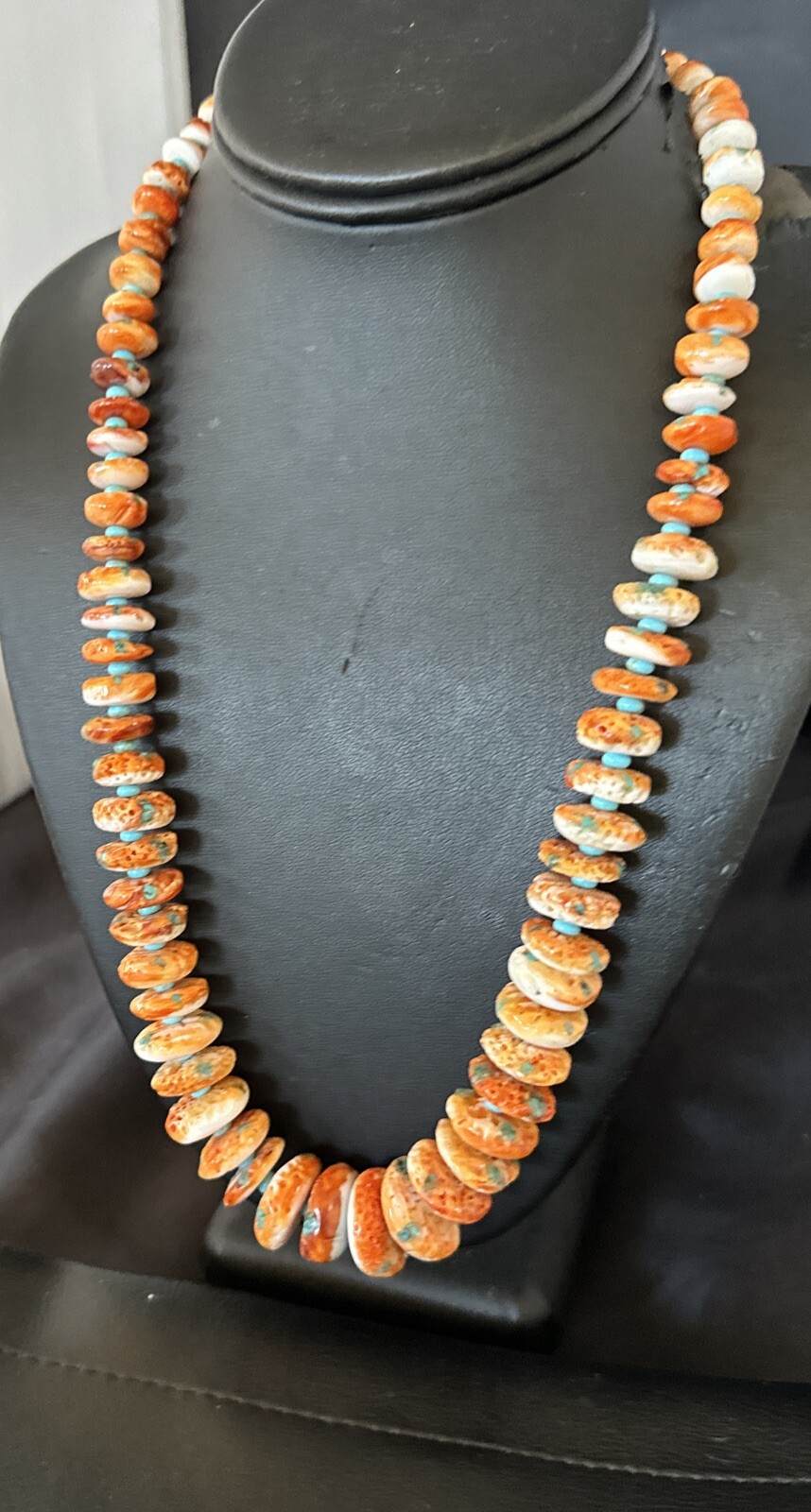 Orange Spiny Oyster Blue Turquoise Navajo Sterling Silver Necklace 23″ 18087