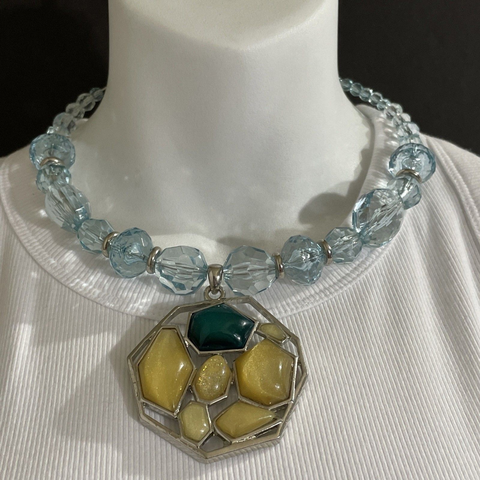 Hand Made Bib Necklace Chunky Blue Green Yellow 16-20 in