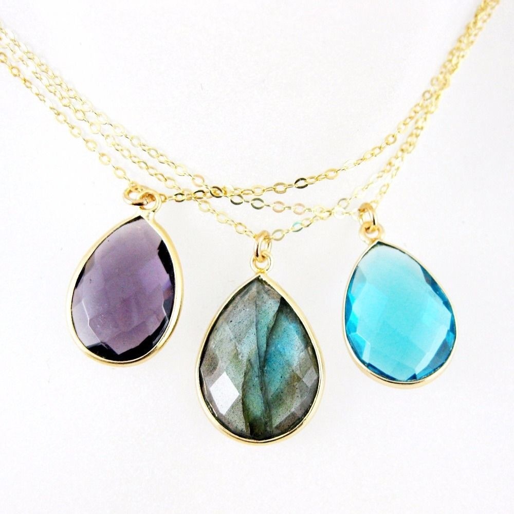 Bezel Gemstone Pear Pendant Necklace -Gold Vermeil Chain and Gemstone Necklace