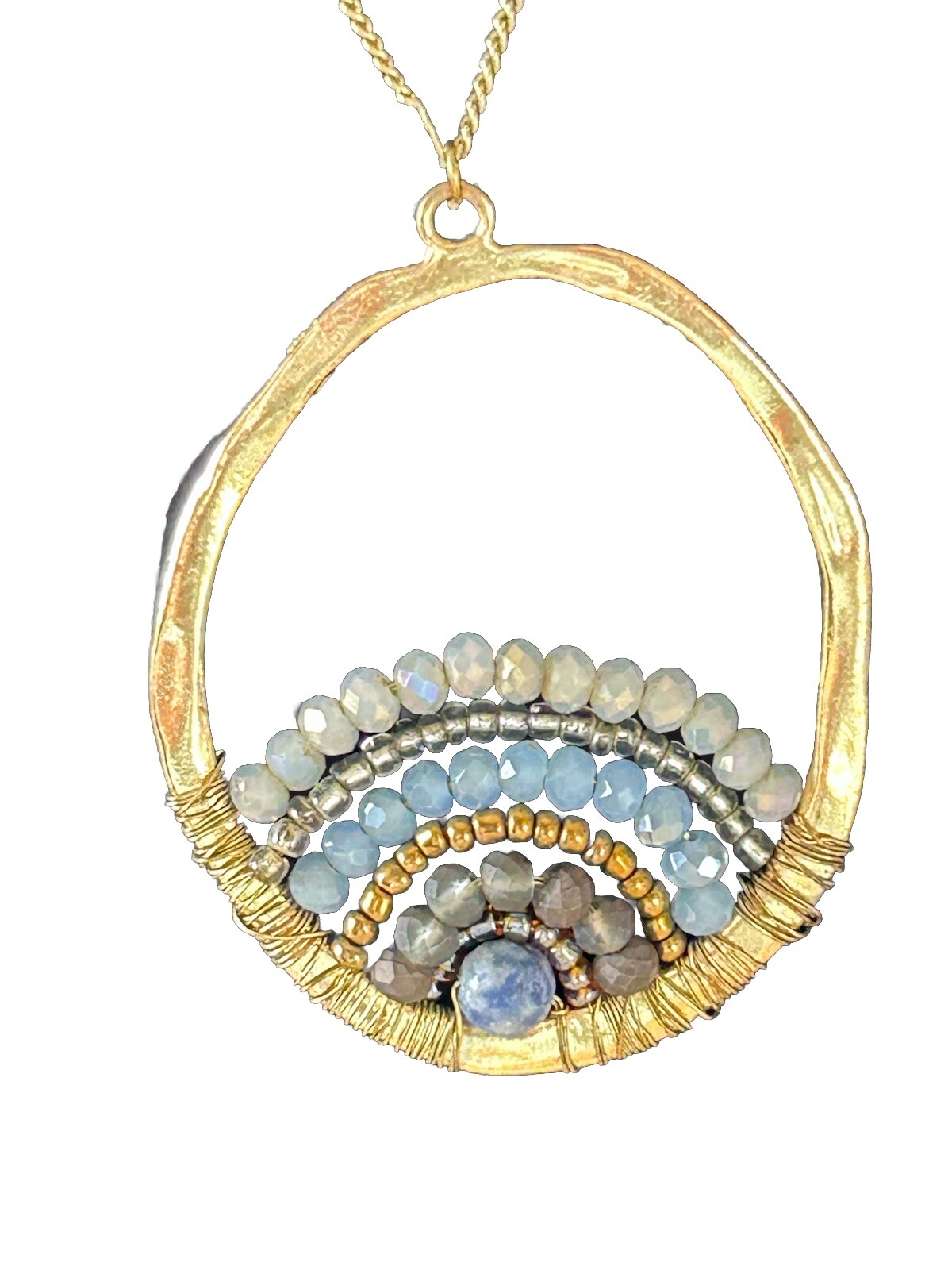 Artisan Handmade Beaded Oval Pendant Gold Tone On Station Chain 34-36” Blues