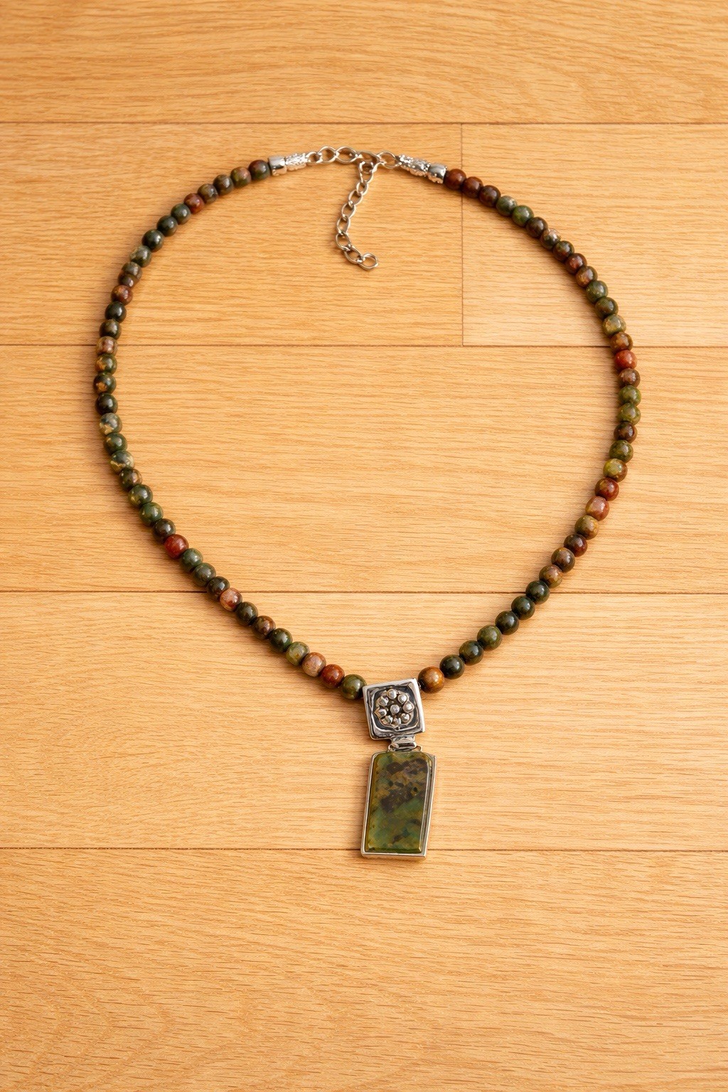 Vintage Earth Tone Beaded Necklace Green Brown Pendant Boho Jewelry