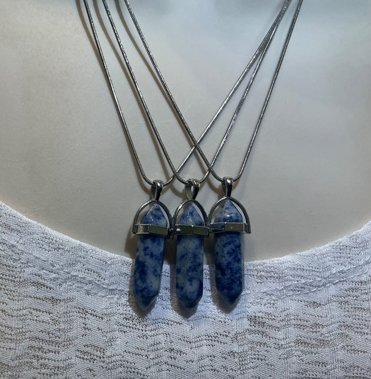 Chakara Lapis Lazuli point pendant 18” silver plated snake chain