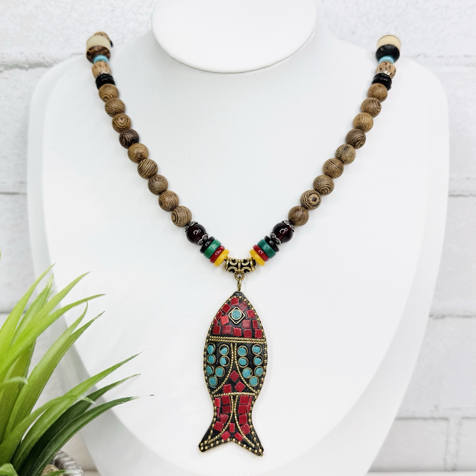 Vintage 70s Tibetan Style Mosaic Inlay Fish Brass Pendant Wood Bead Necklace