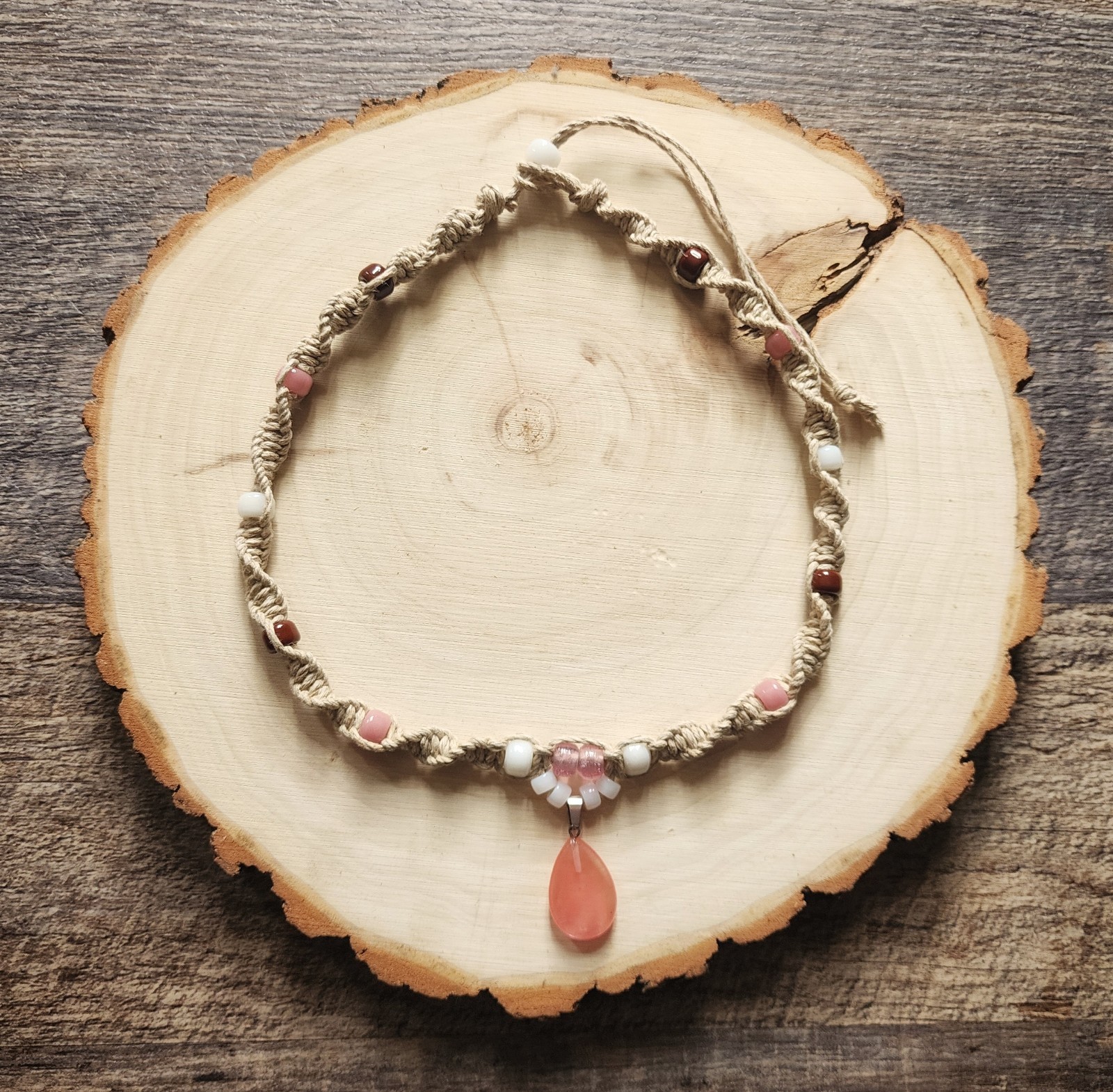 Hemp Necklace / Choker with Cherry Quartz Crystal Pendant and Glass Beads