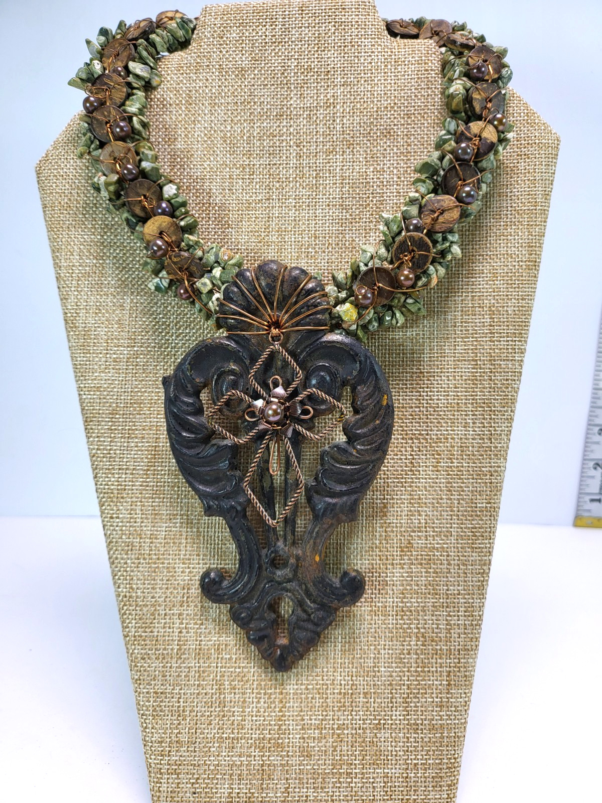 Artisan Statement Necklace w/ Cross Green Stone Beading Copper/ Key Hole Design