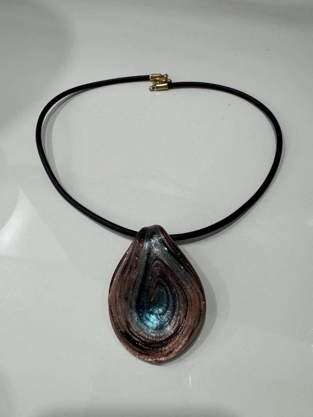 Murano Glass Elegant Teardrop Blue and Sparkling Brown Pendant Necklace