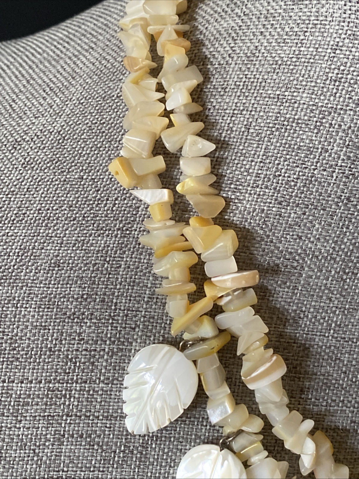 Vintage 925 Silver Chunky Carved MOP Mother Of Pearl Necklace Double Strand