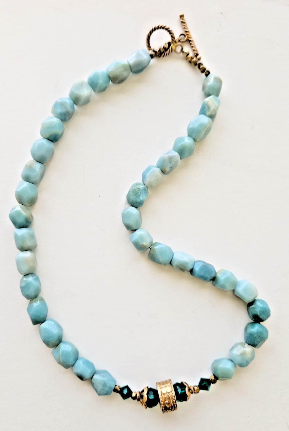 Icy Blue Green Chunk Bead Necklace Gold Trim Center Emerald Green Crystals