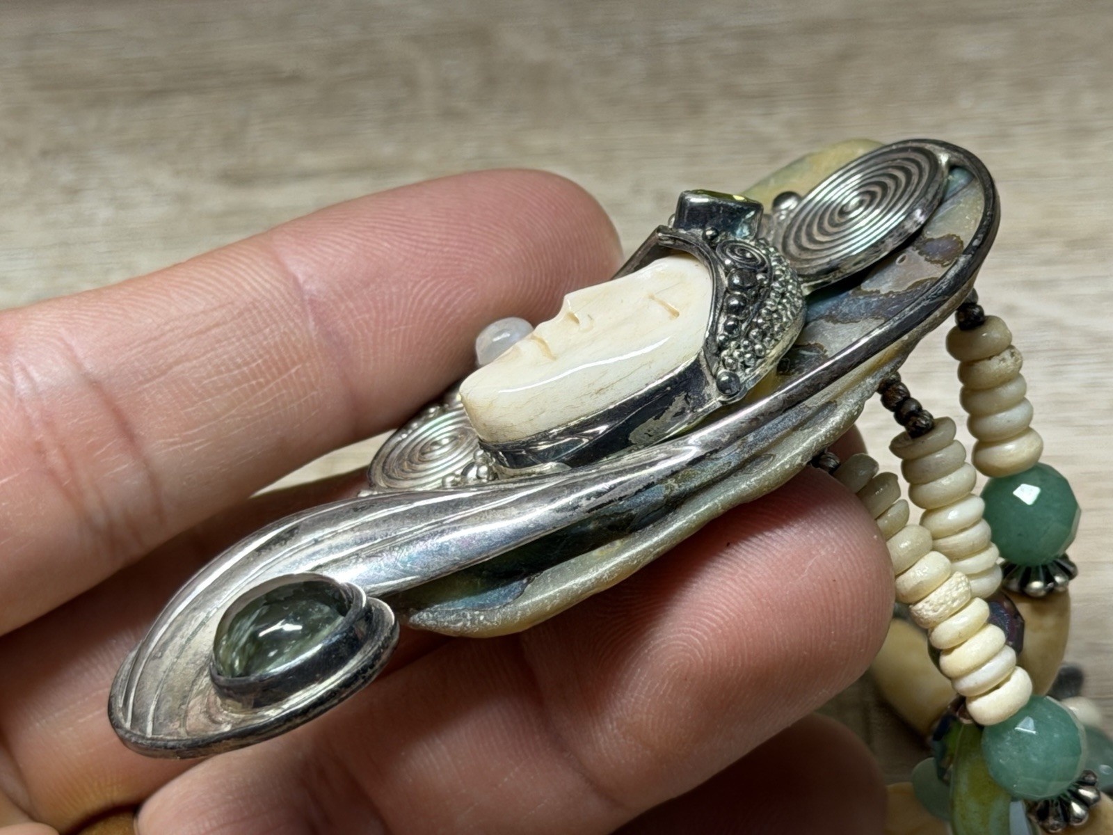 Unmarked Sterling Silver Sajen Carved Goddess Abalone & Gemstone Bead Necklace