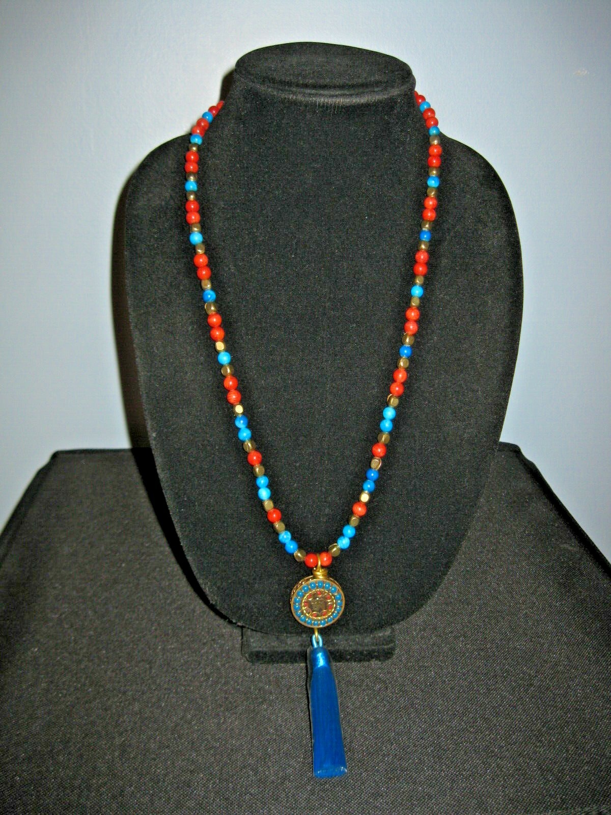 Turquoise & Coral Colored Beaded Tassel Necklace w/ Om Symbol Handmade OOAK 27″