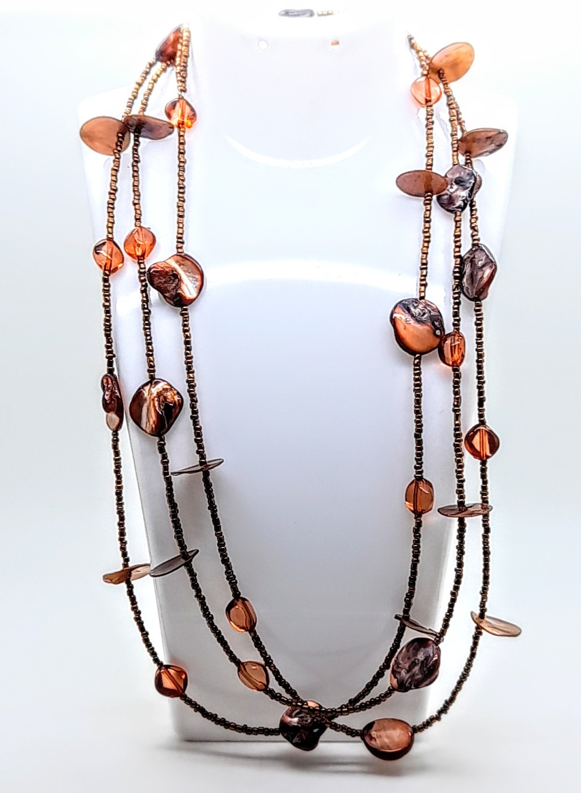 Handmade 60″ long Necklace brown Mixed acrylic & Shell & seed beaded fashion