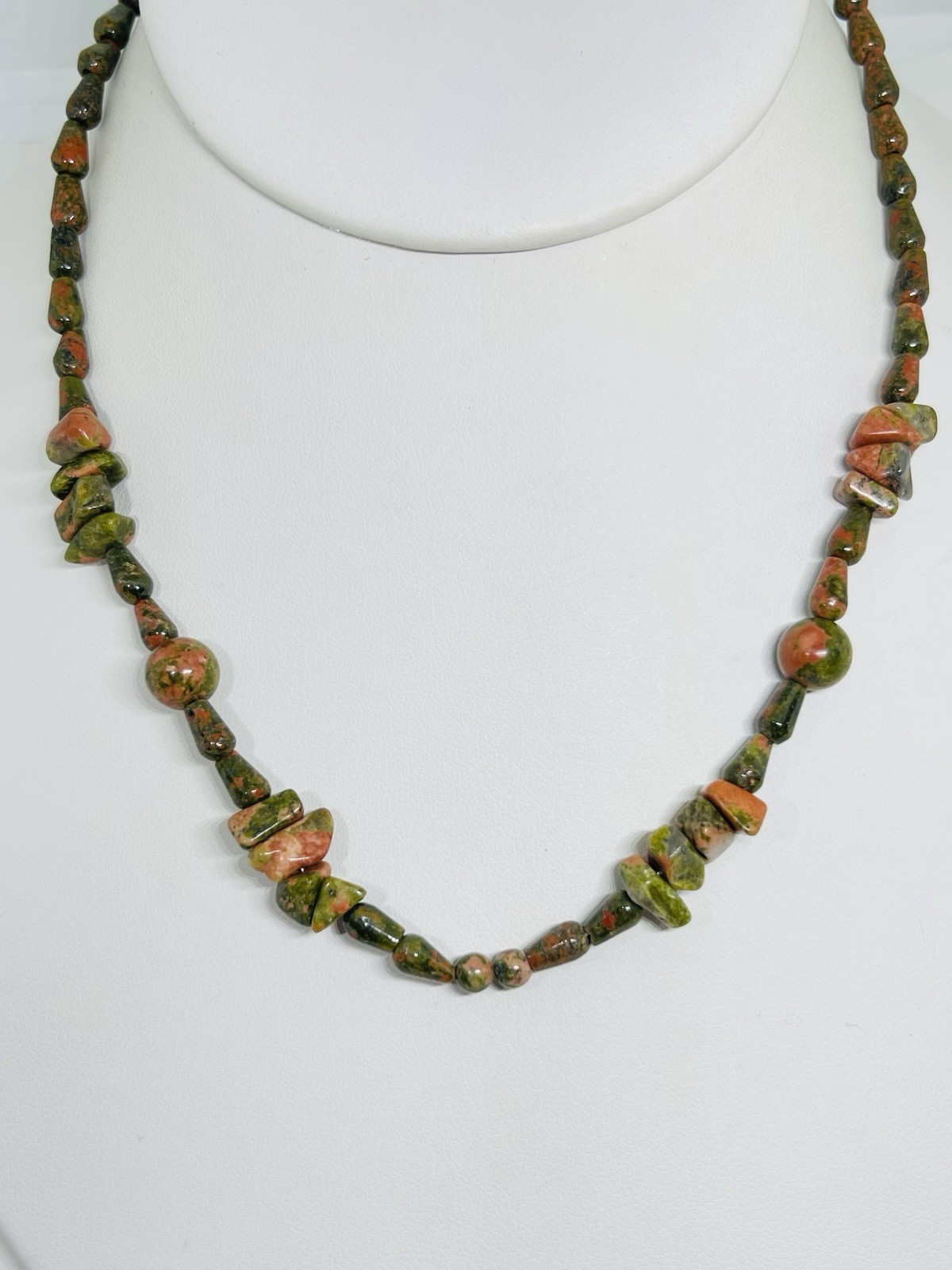 Unakite Necklace Natural Stone Beaded Necklace 14” Sterling Silver Clasp Unique