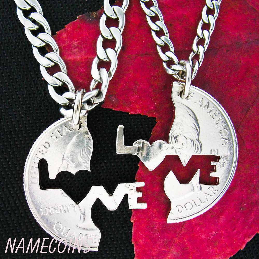 Love Puzzle Necklaces for couples, Interlocking Quarter, hand cut coin