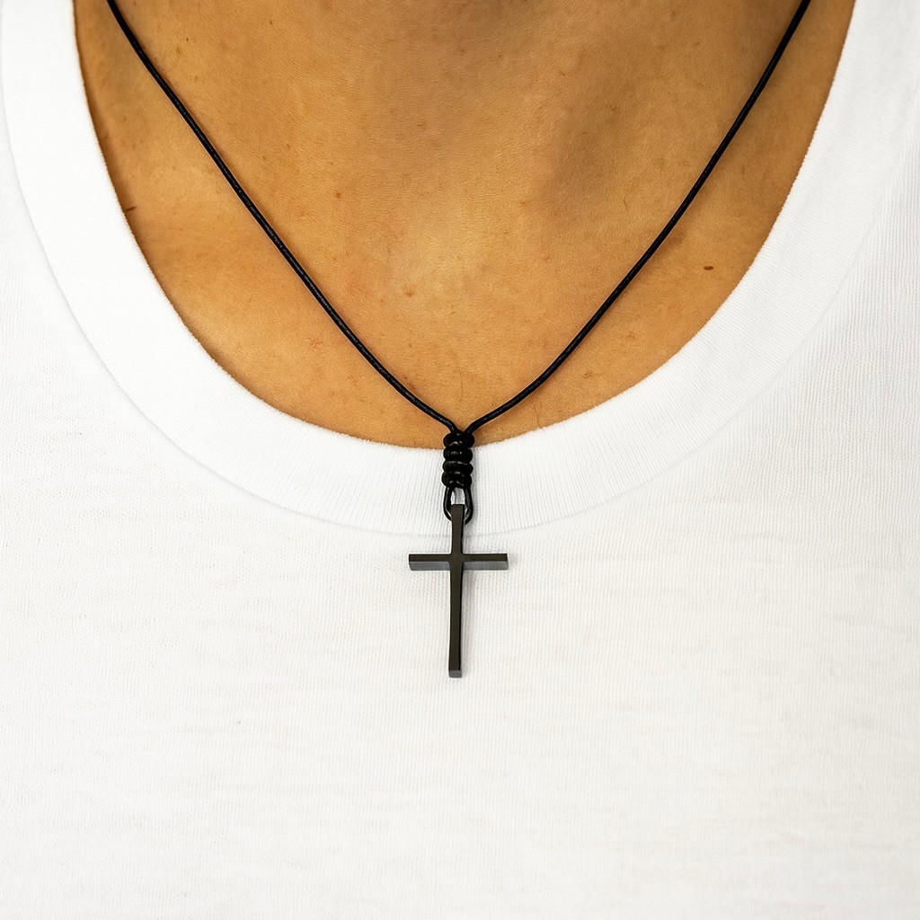 Black Titanium Steel Cristian Cross † on Hand Knotted Black Leather Necklace