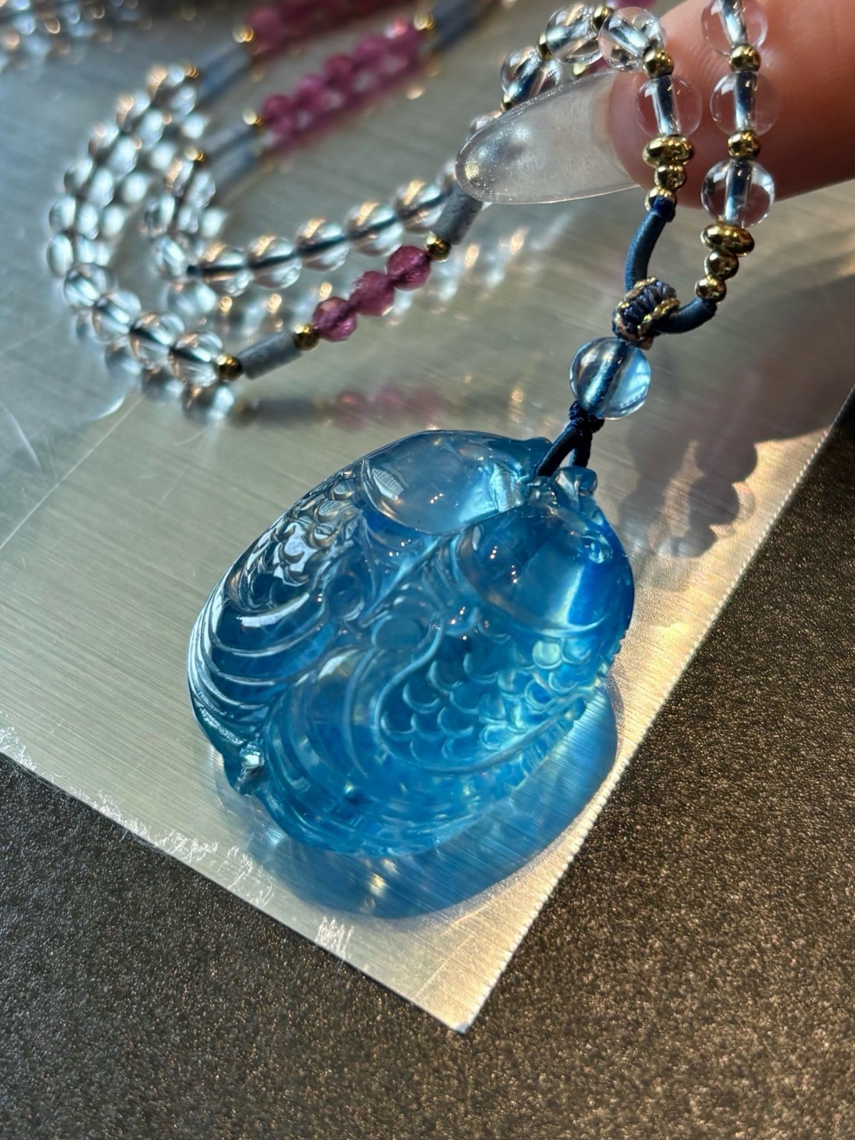 Aquamarine Hand Carved Double Fish Pendant CC