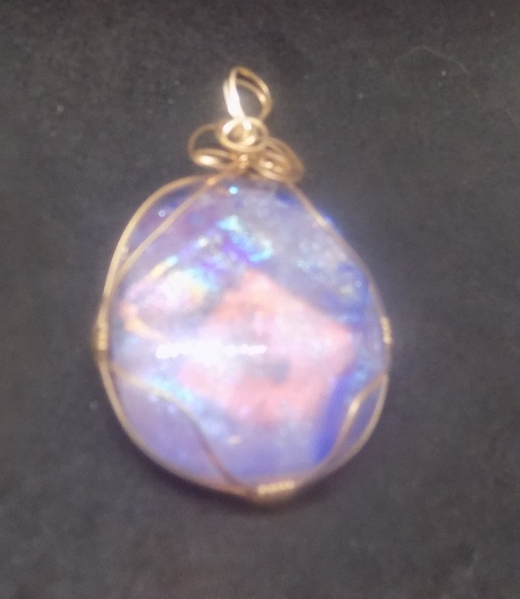 Large Handmade Dichroic Glass Pendant wrapped in gold wire 2.5″ tall (534)