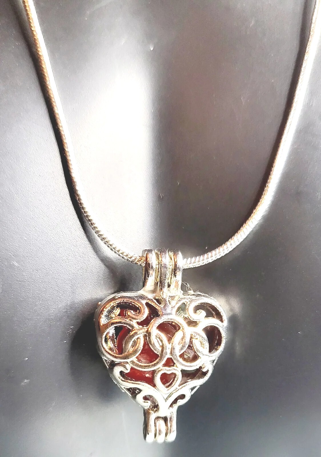 HEART SHAPED PEARL CAGE/8mm RED AGATE GEMSTONE PENDANT & 925 S. S. NECKLACE