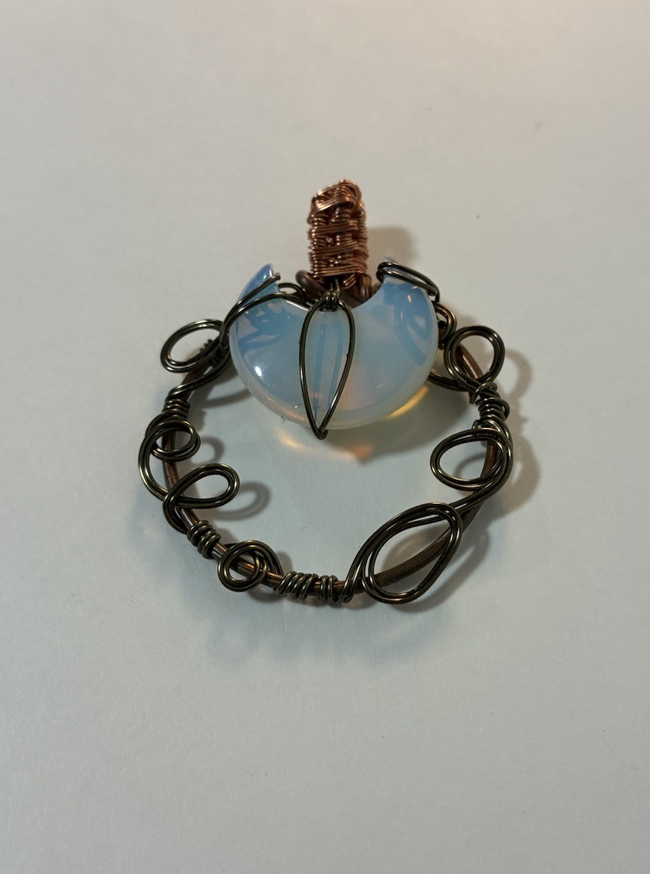 Handmade Wire Wrapped Opalite Crescent Moon Pendant Bronze Copper Tone Boho