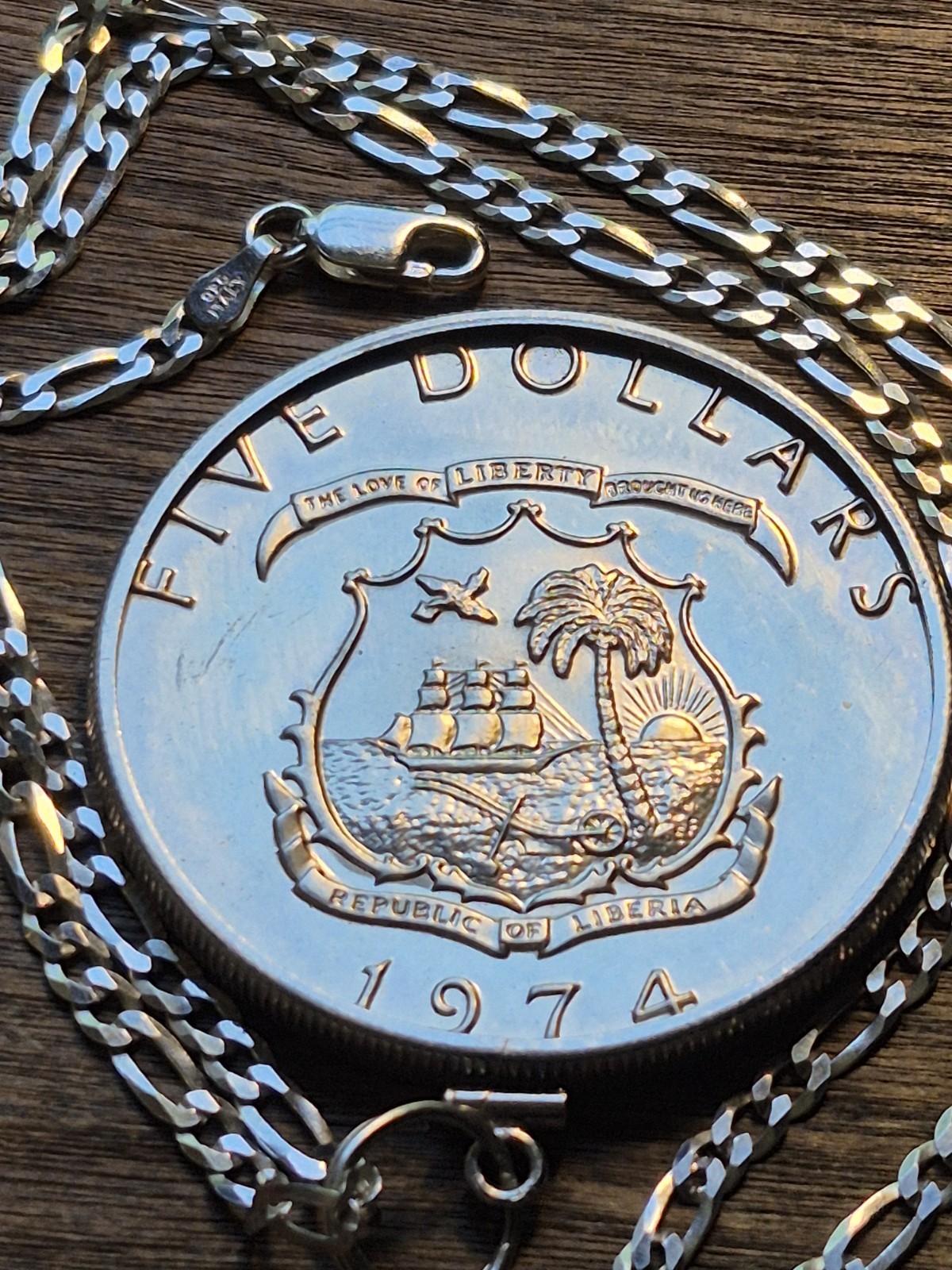 Africa Elephant Liberia 1974 Sterling 925 Coin Pendant W Italian Silver Chain