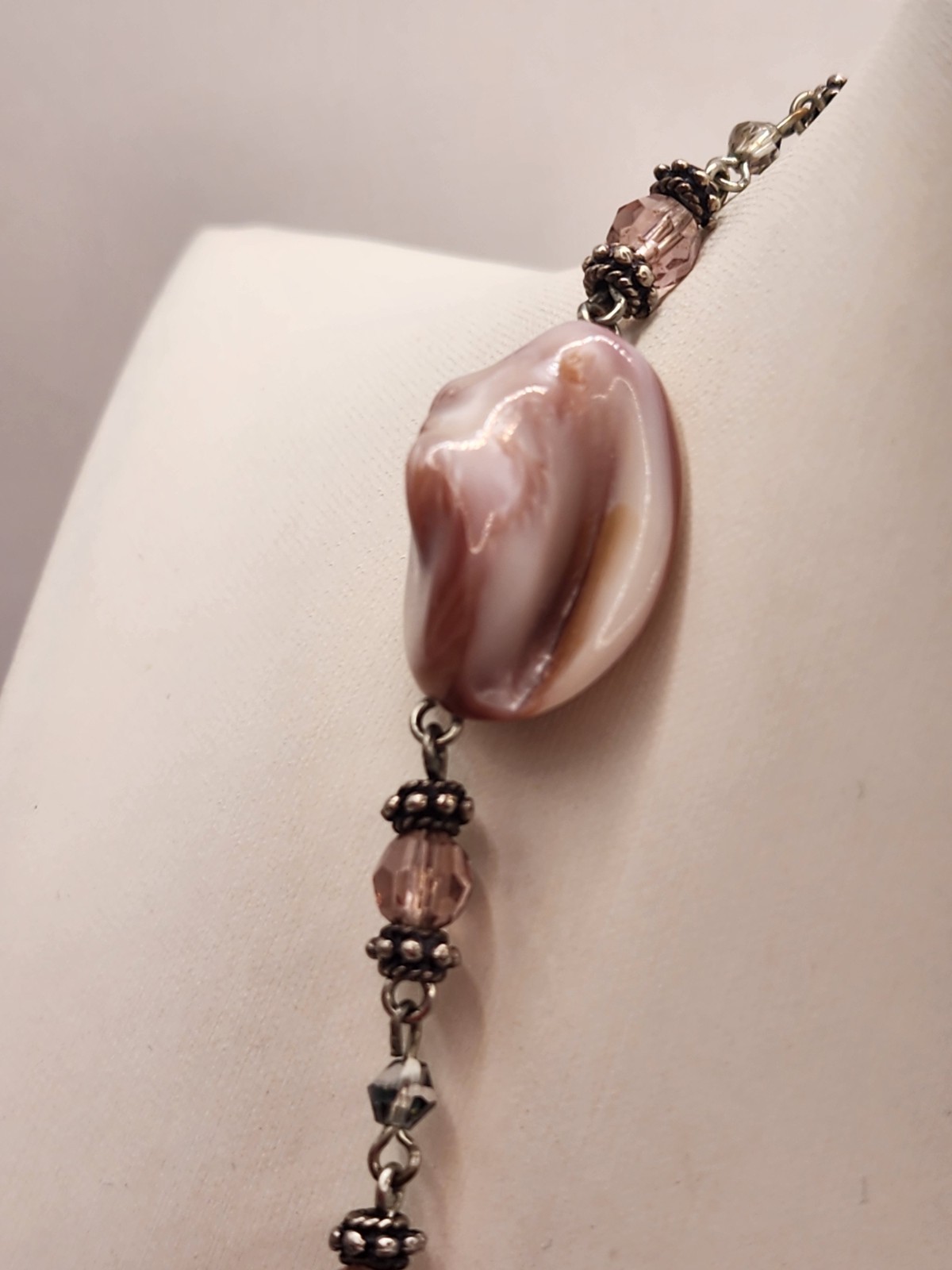 Vintage Artisan Crafted Large MOP Shell With Pink Fauceted Crystal Pendant