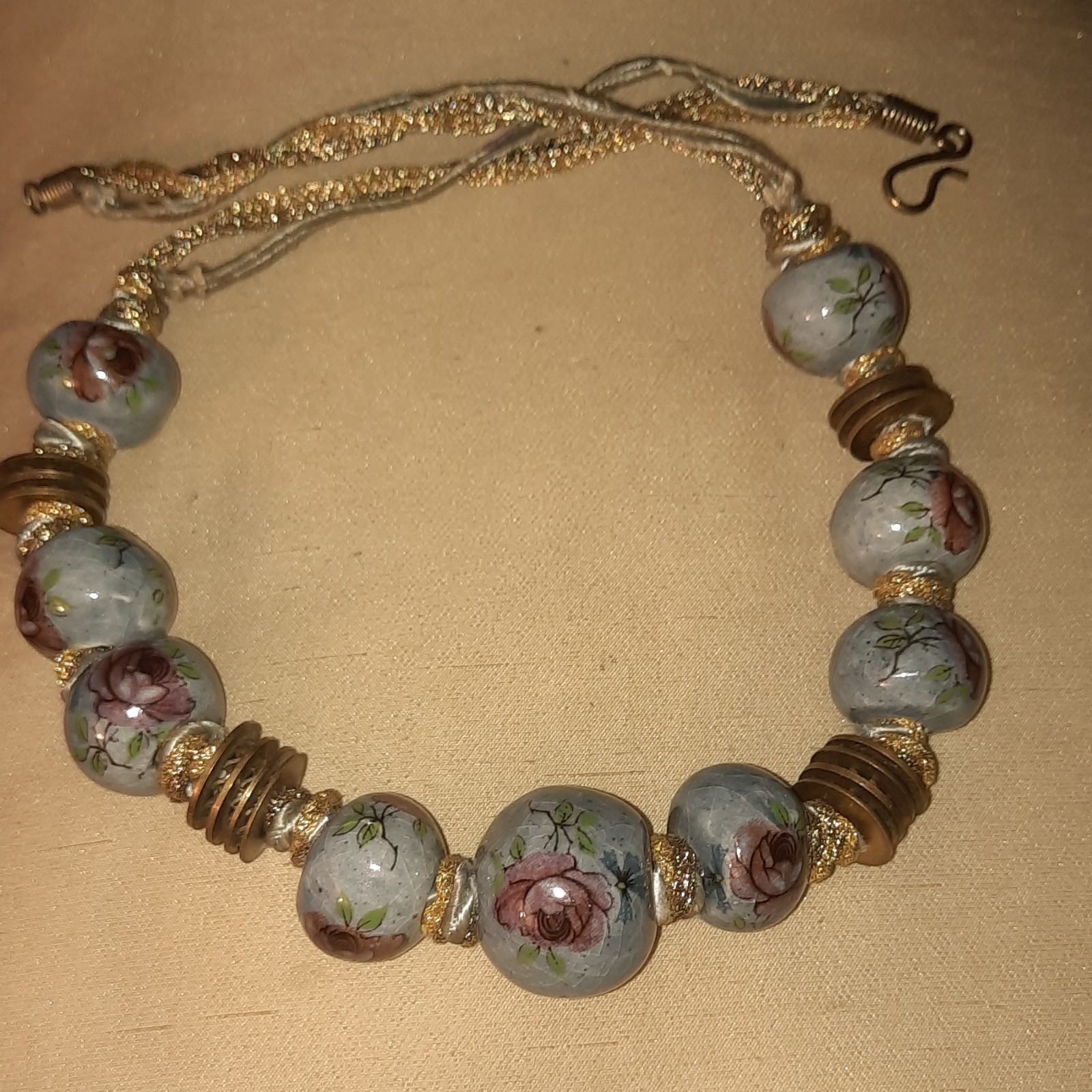 Beaded Ceramic Floral Necklace Hook Closure Blue Gold Pink Green Women