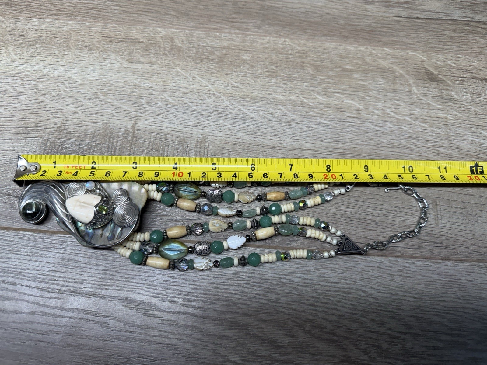Unmarked Sterling Silver Sajen Carved Goddess Abalone & Gemstone Bead Necklace