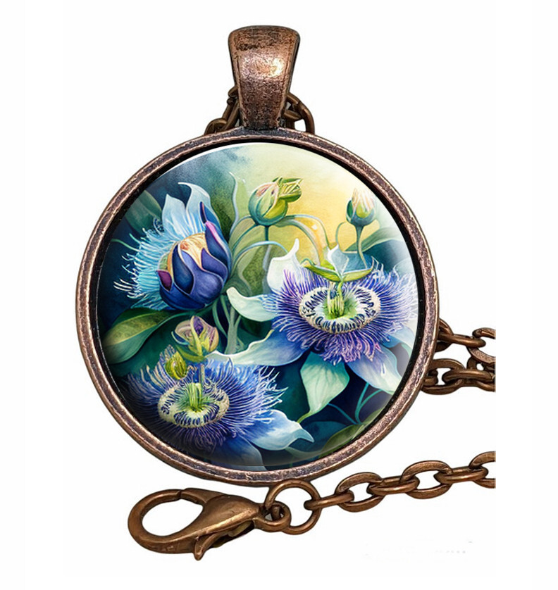 Passion Flower Art Nouveau Glass Top Pendant Necklace Handcrafted Photo Jewelry