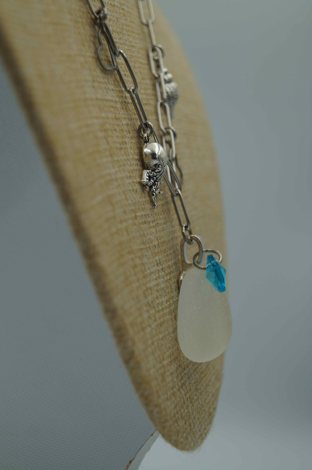 Sea Glass, Sea Charms & Heart Charms on Paperclip Stainless Steel Chain (P#126)