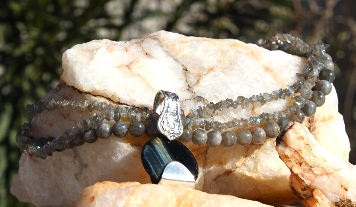 Black Tiger’s Eye Pendant. Setting is a Vintage Silver-Plated Demitasse Spoon.