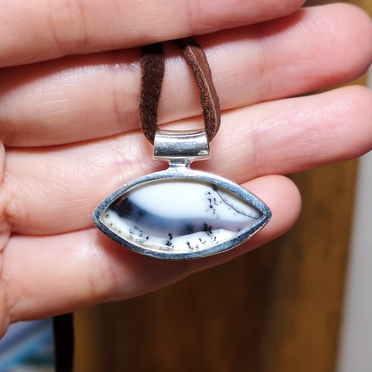 Beautiful Dendritic Opal Black Onyx Winter scenery Sterling Silver Pendant