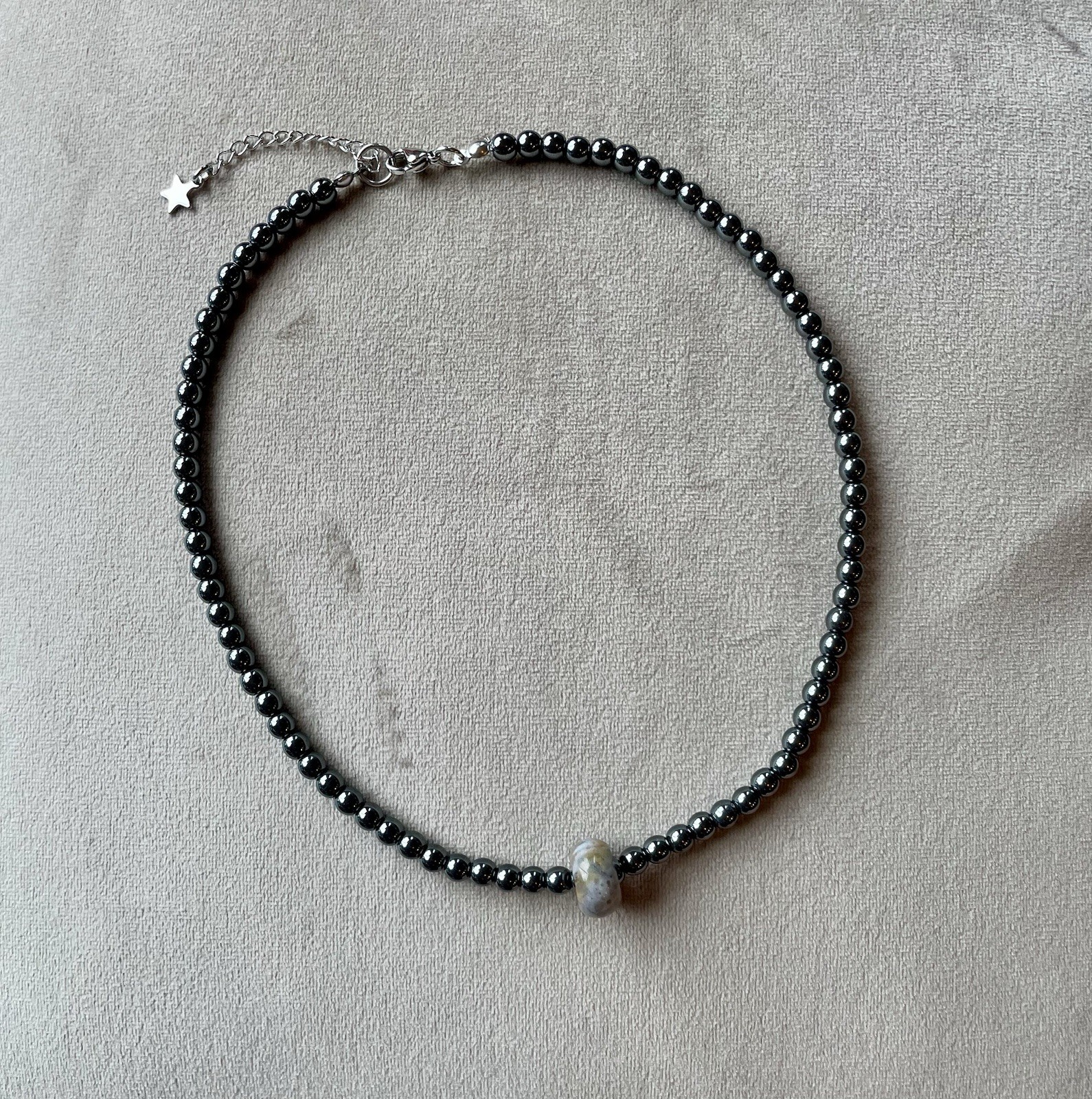 HEMATITE & INDIAN AGATE Minimalistic Unisex Choker Necklace Stainless Steel 16”