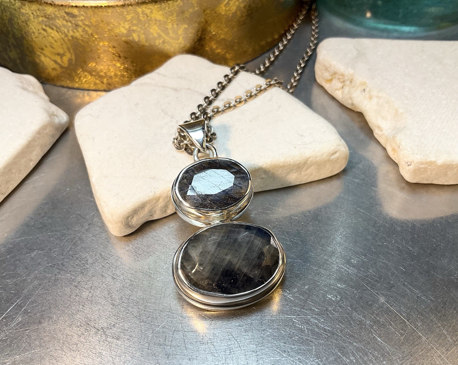 Genuine 925 Sterling Silver Natural Two Sapphire Gemstone Pendant