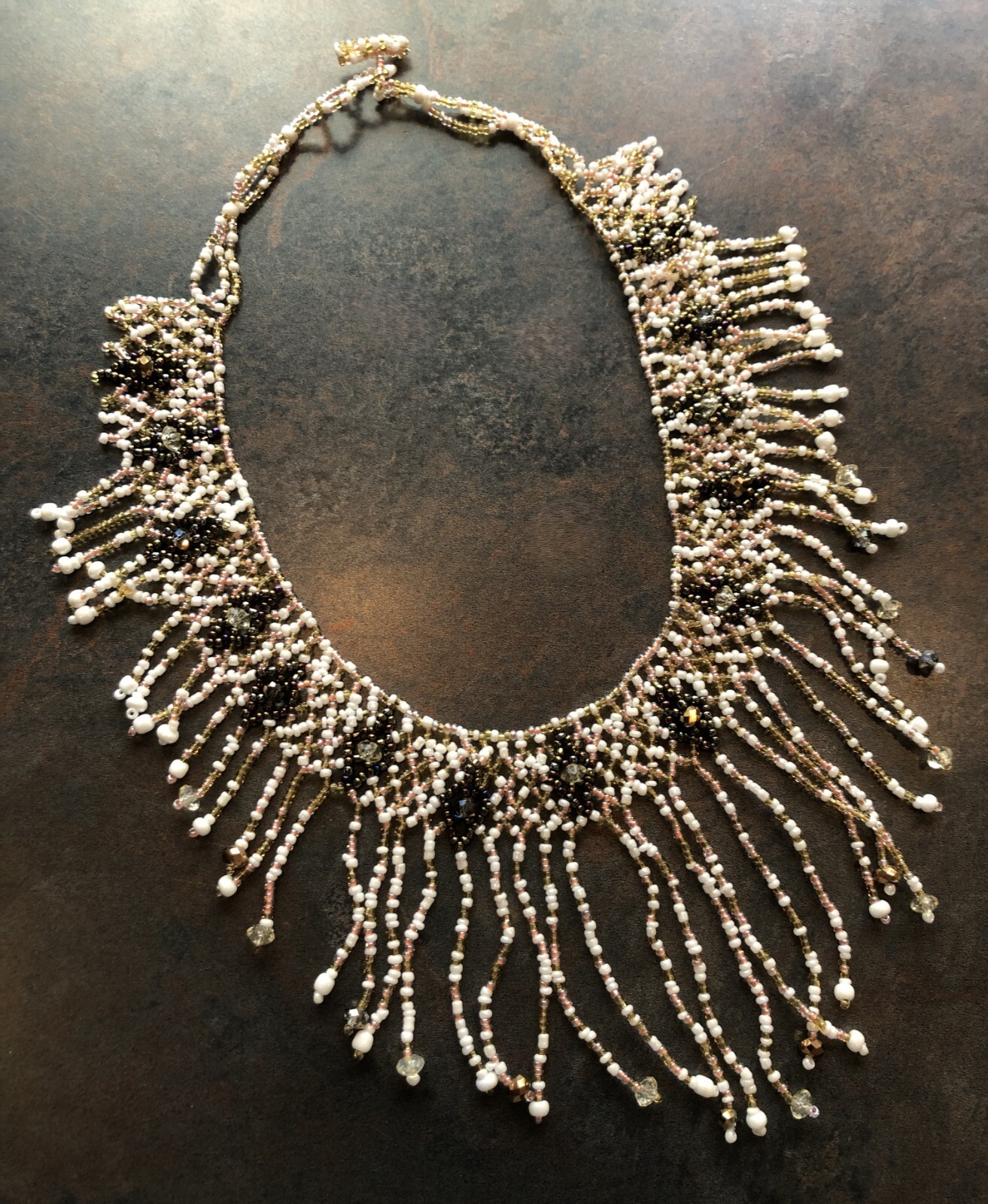 Necklace Hand Made Loom Beaded Black & Gold Fringed Bib Glass Beads Adjustable
