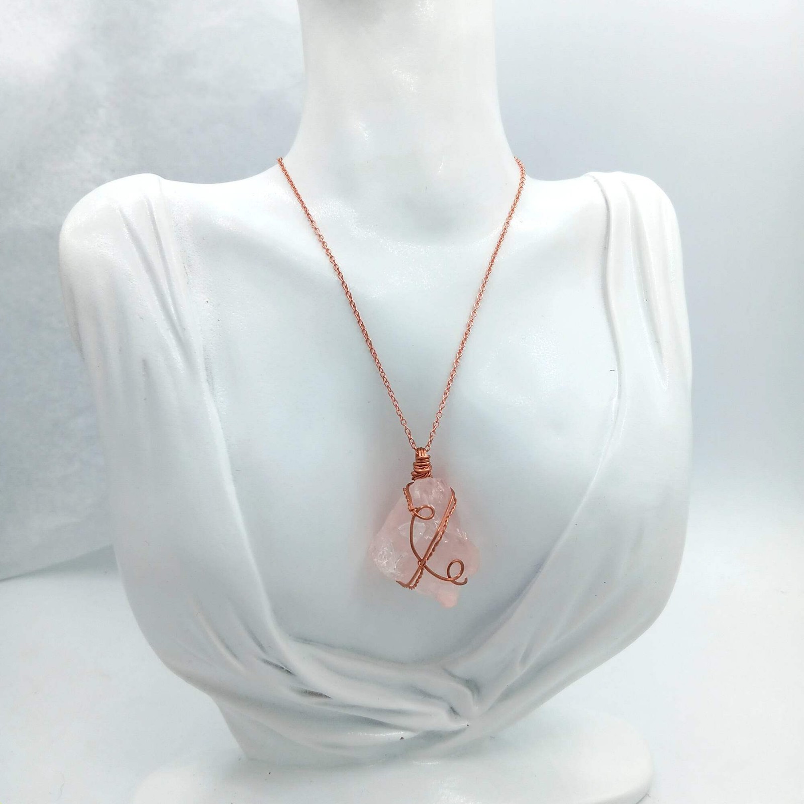 Chunky Copper Wire-Wrapped Raw Rose Quartz Crystal Pendant Necklace 24″ Chain wh