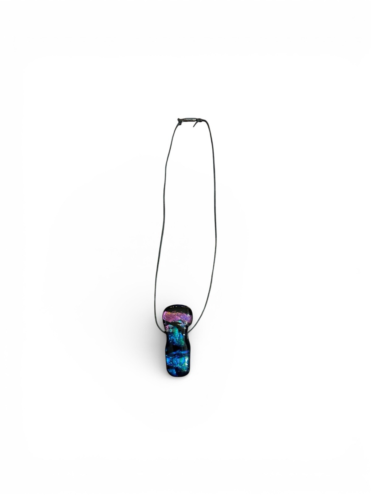 Blue Green Pink Dichroic Glass Pendant on Black Cord 8.5″ L