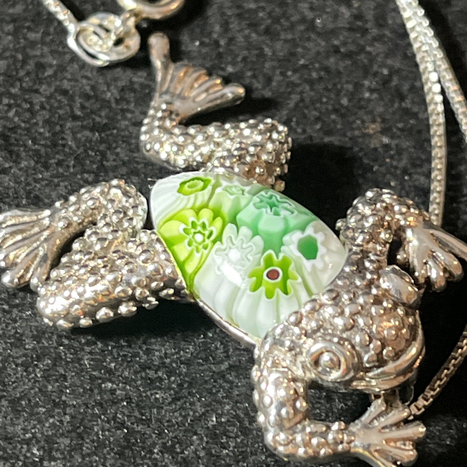 Vintage Sterling Silver Millefiori Green Hand Blown Art Glass Frog Pendant 925