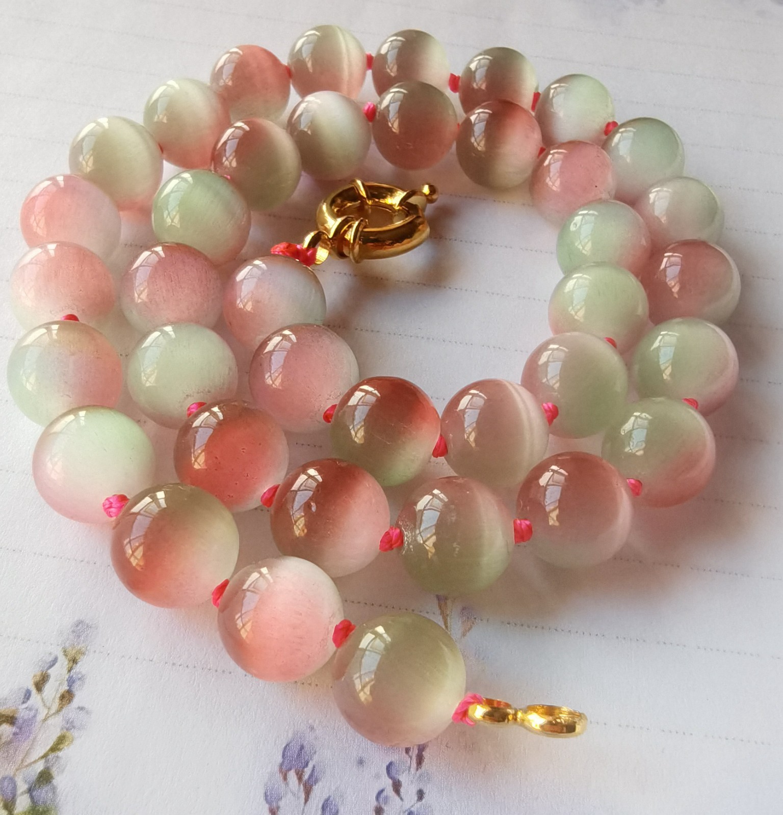 10mm Round pink green cat’s eye stone quartz Chunky Beaded Necklace,bracelet