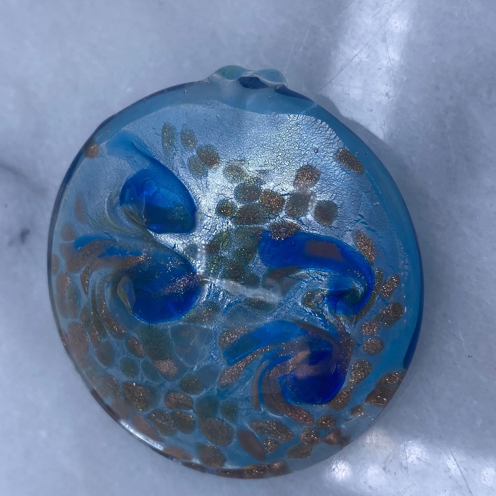 Glass Pendant Blue Gold Aventurine Swirl Art Glass 1.75in Disc Statement Jewelry