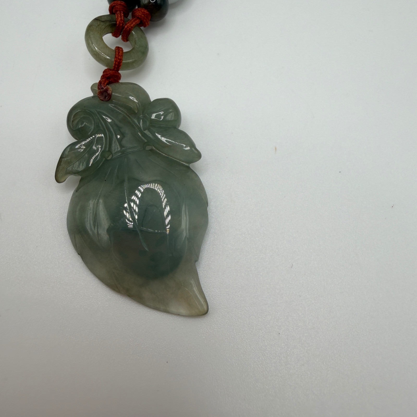 Carved Green Burmese Jadeite Jade Leaf Pendant Black Silk Cord Mixed Beads