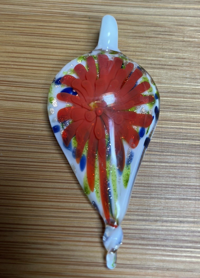 Handblown Glass Flower Pendant Only . White With Orange Flower