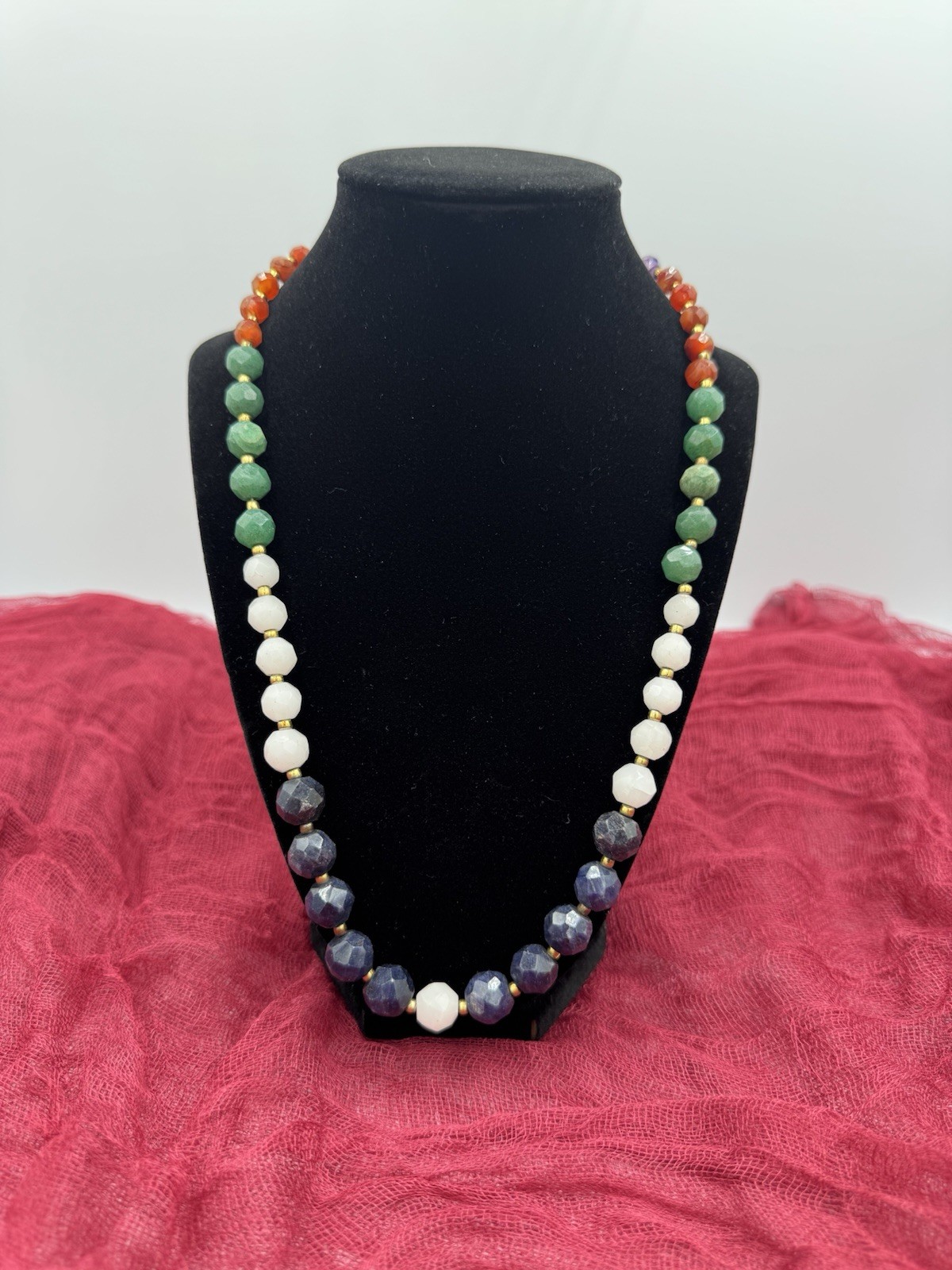 Vintage Genuine Gemstone Sapphire Carnelian Long Necklace 22.5 Inches