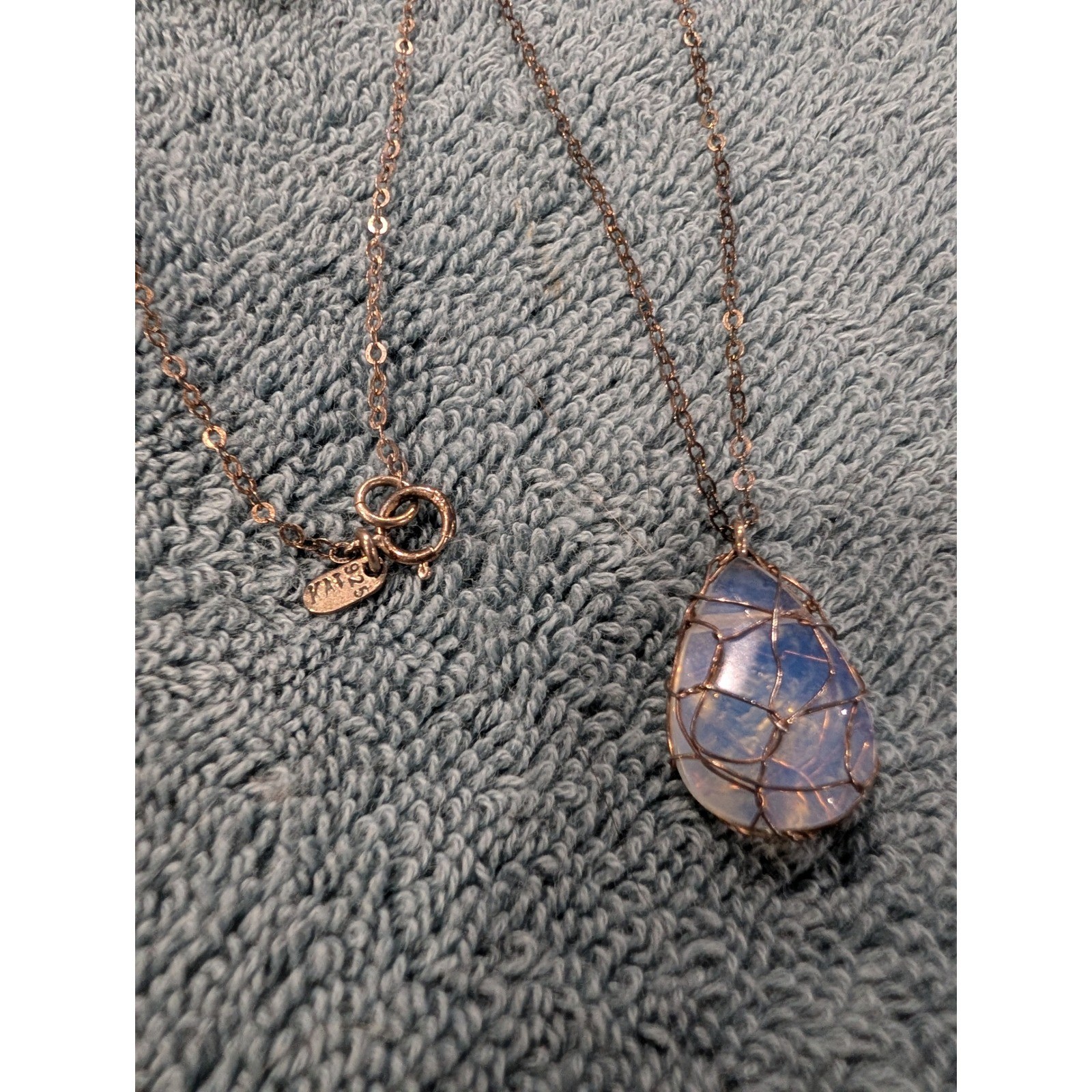 Artisan Sterling Silver 925 Israel Wire Wrapped Opalite Teardrop Necklace