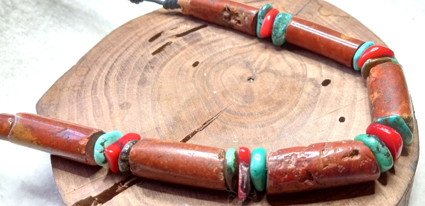 African Bauxite Handmade Beads Adjustable Necklace and Turquoise, Red Coral Bead