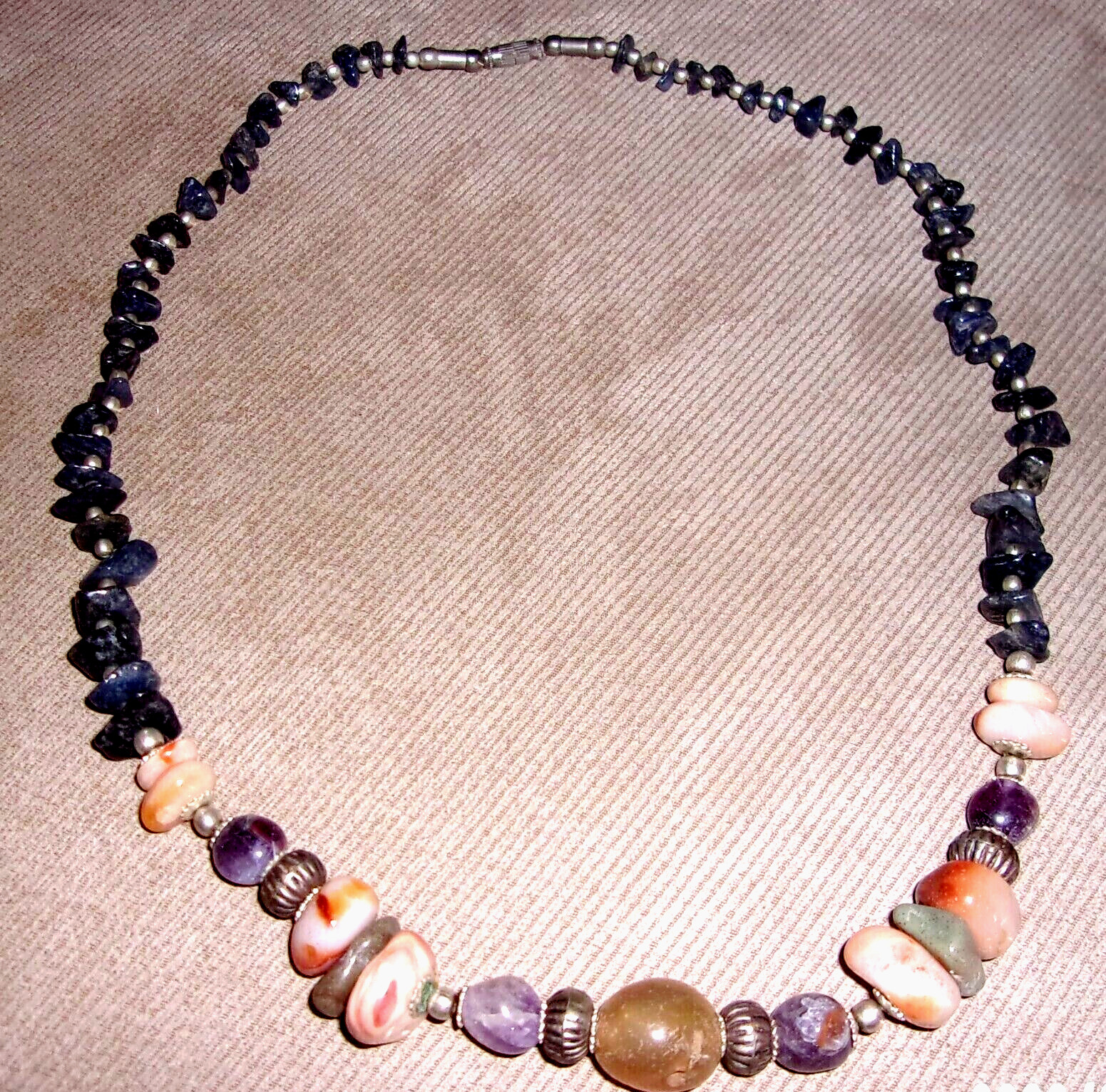 VINTAGE CHUNKY BEAD NECKLACE JASPER AGATE QUARTZ LAPIS STERLING SILVER ESTATE