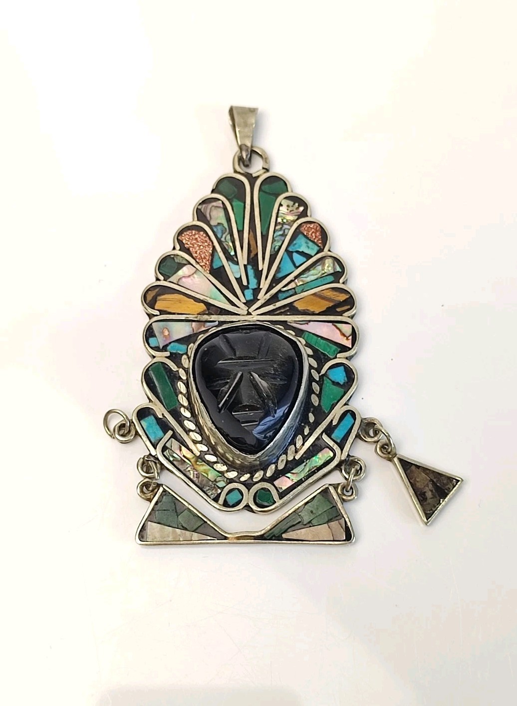 Vintage Mexico Silver Abalone Carved Obsidian Myan Masked Aztec God Pendant 925