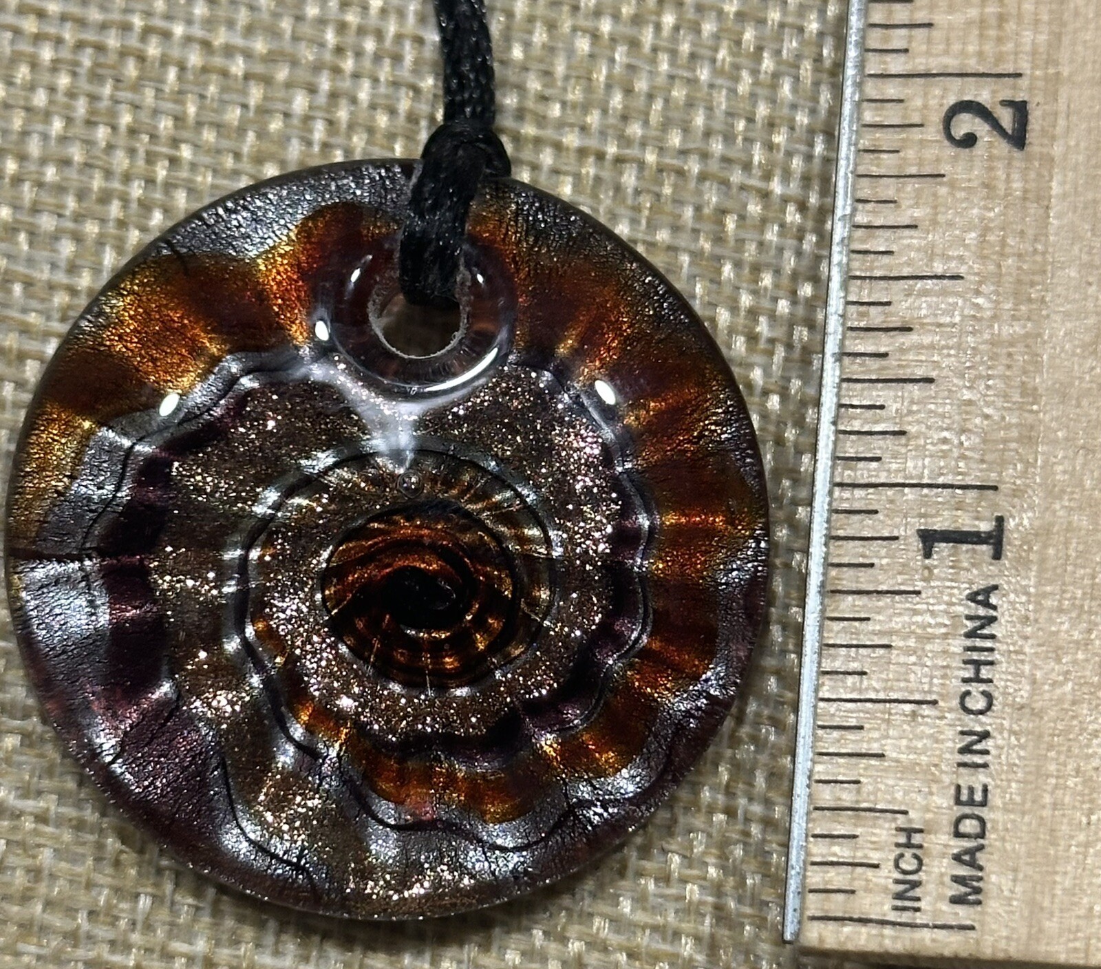 Handblown 17” Lamp Work Foil Glass Pendant Necklace – Black Cord – Silver Tone