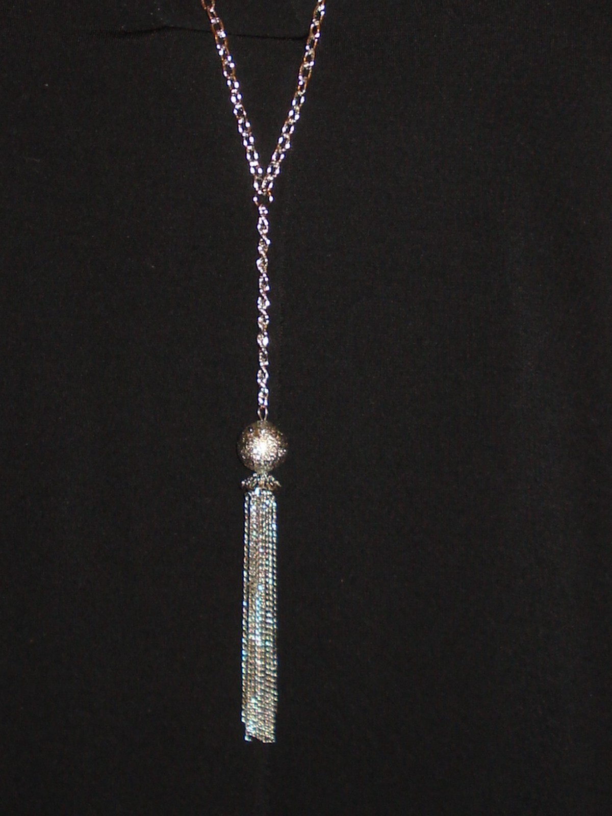 30″ Silver Plate Y Necklace & 6″ Drop Sparkling Silver 1/2″ Bead Chain Tassel