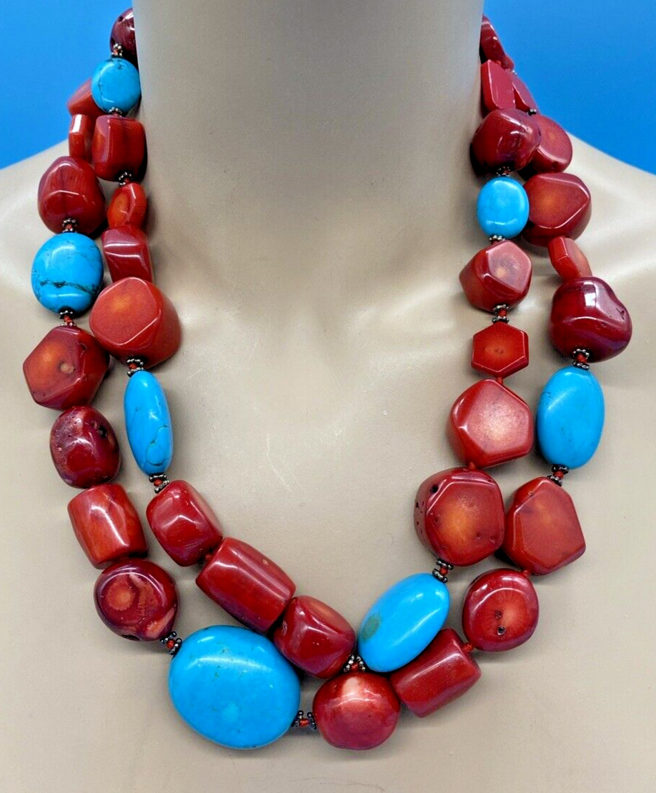 Chunky 2 Strand Textured Irregular Beads Red Bamboo Coral & Howlite Necklace VTG